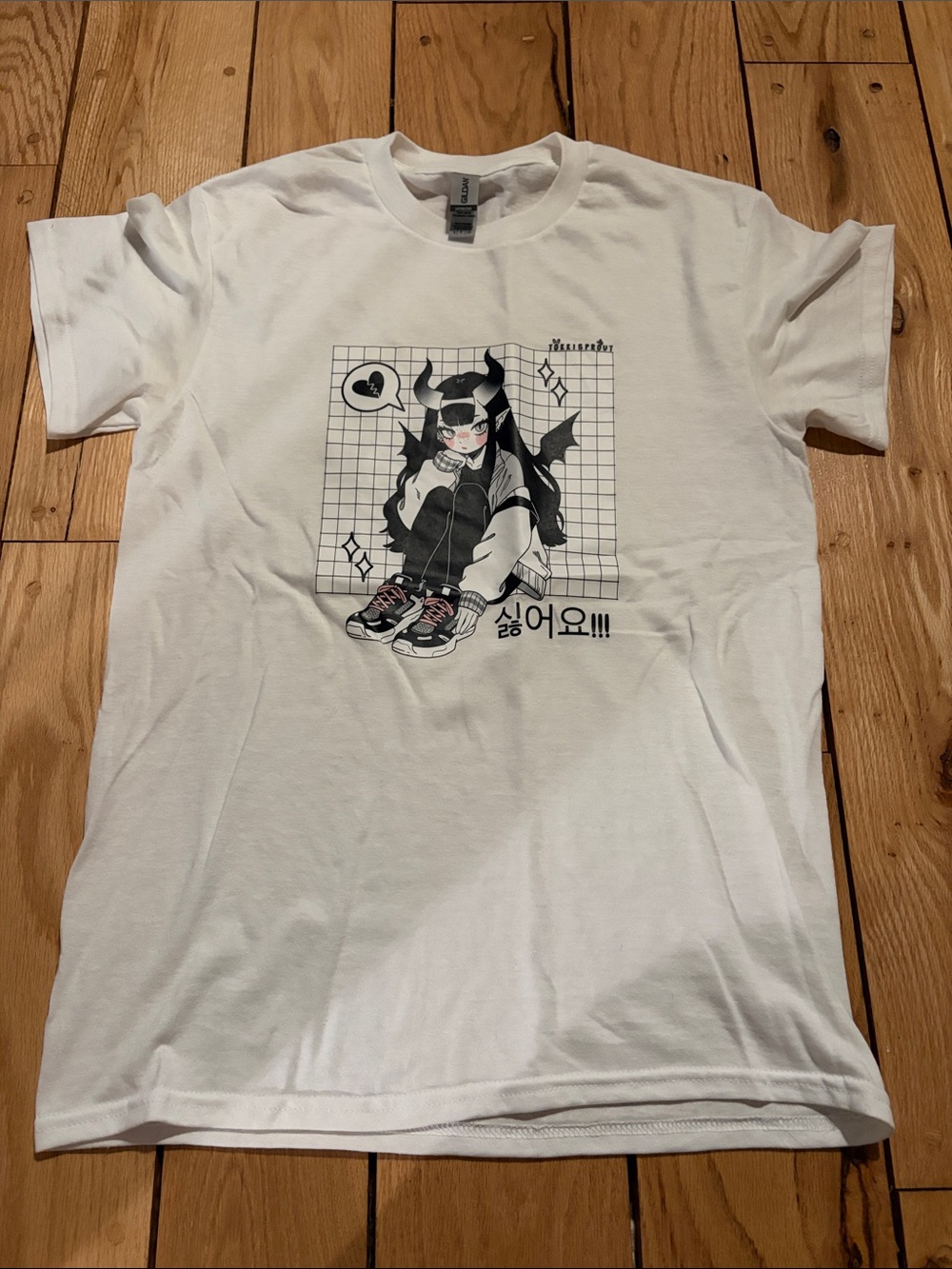 Gildan White Graphic Tee with Black Anime Illustration